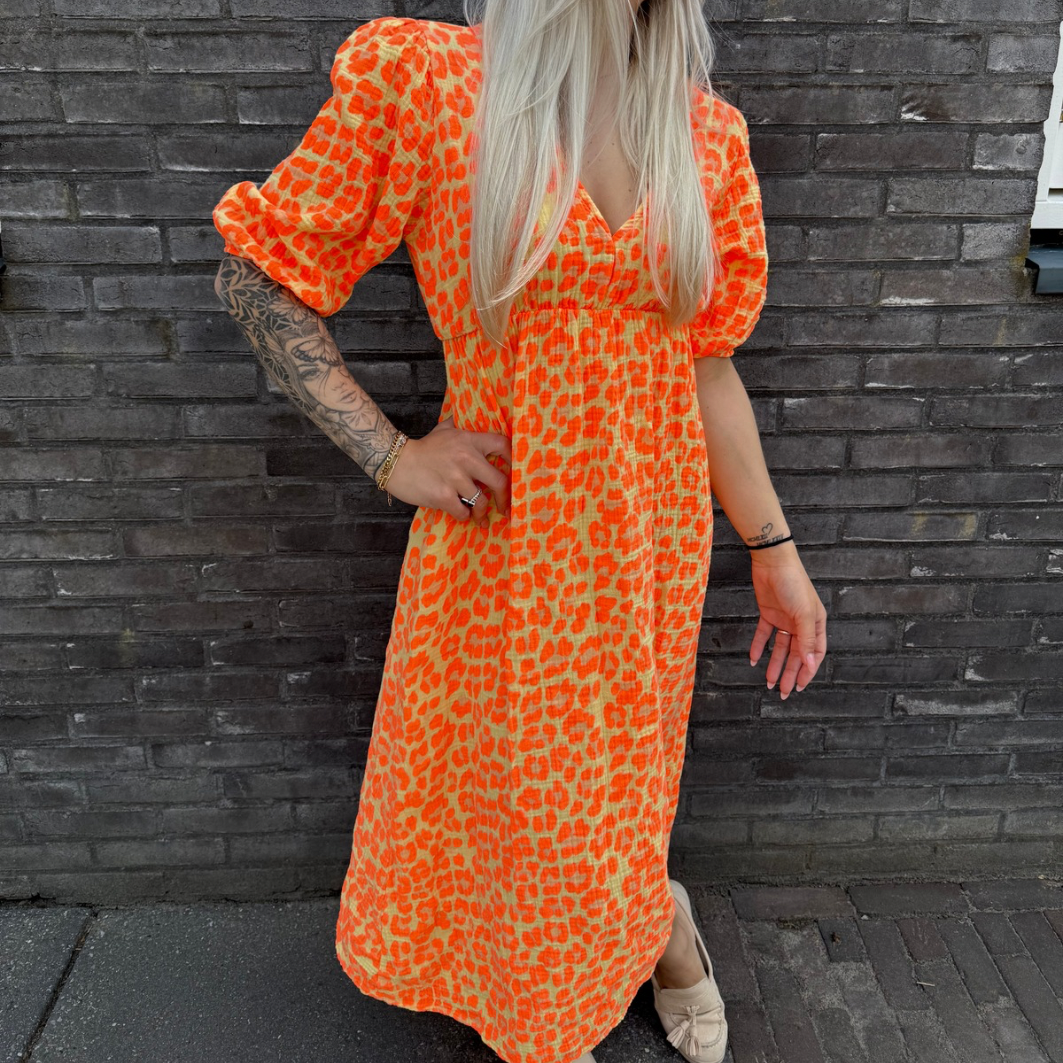 Maxi dress panterprint geel/oranje