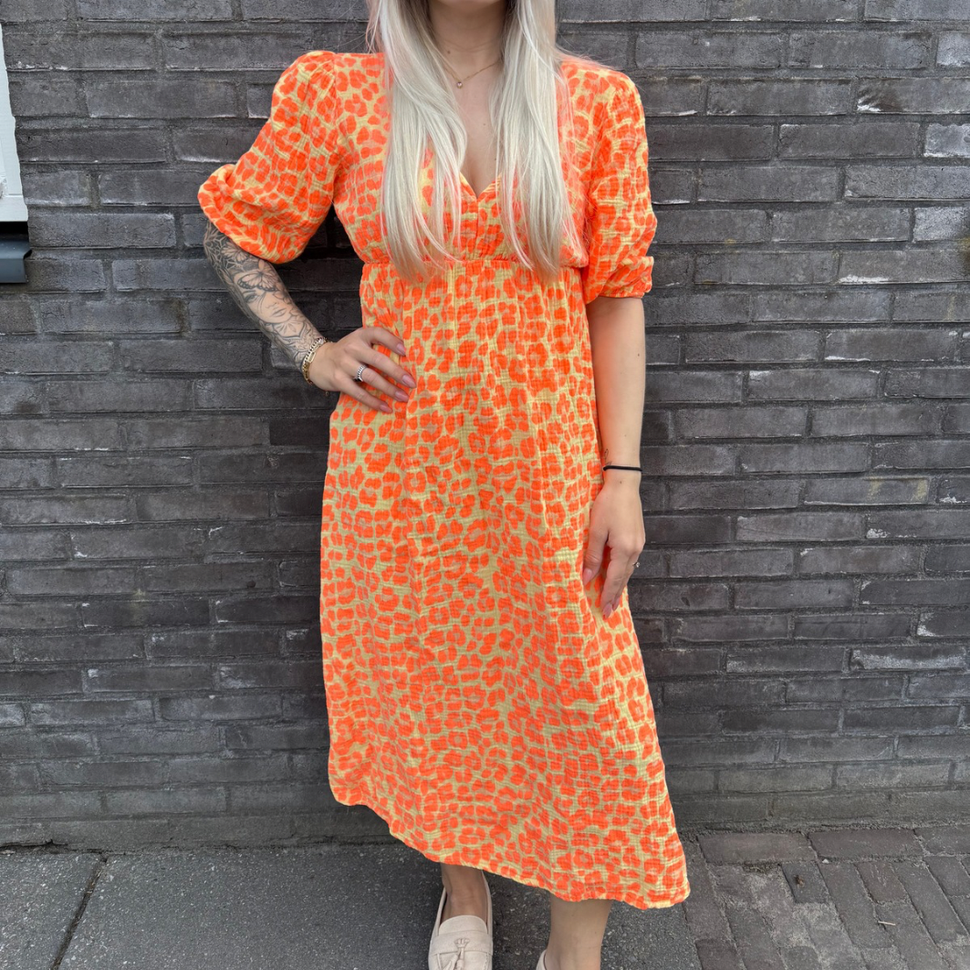 Maxi dress panterprint geel/oranje