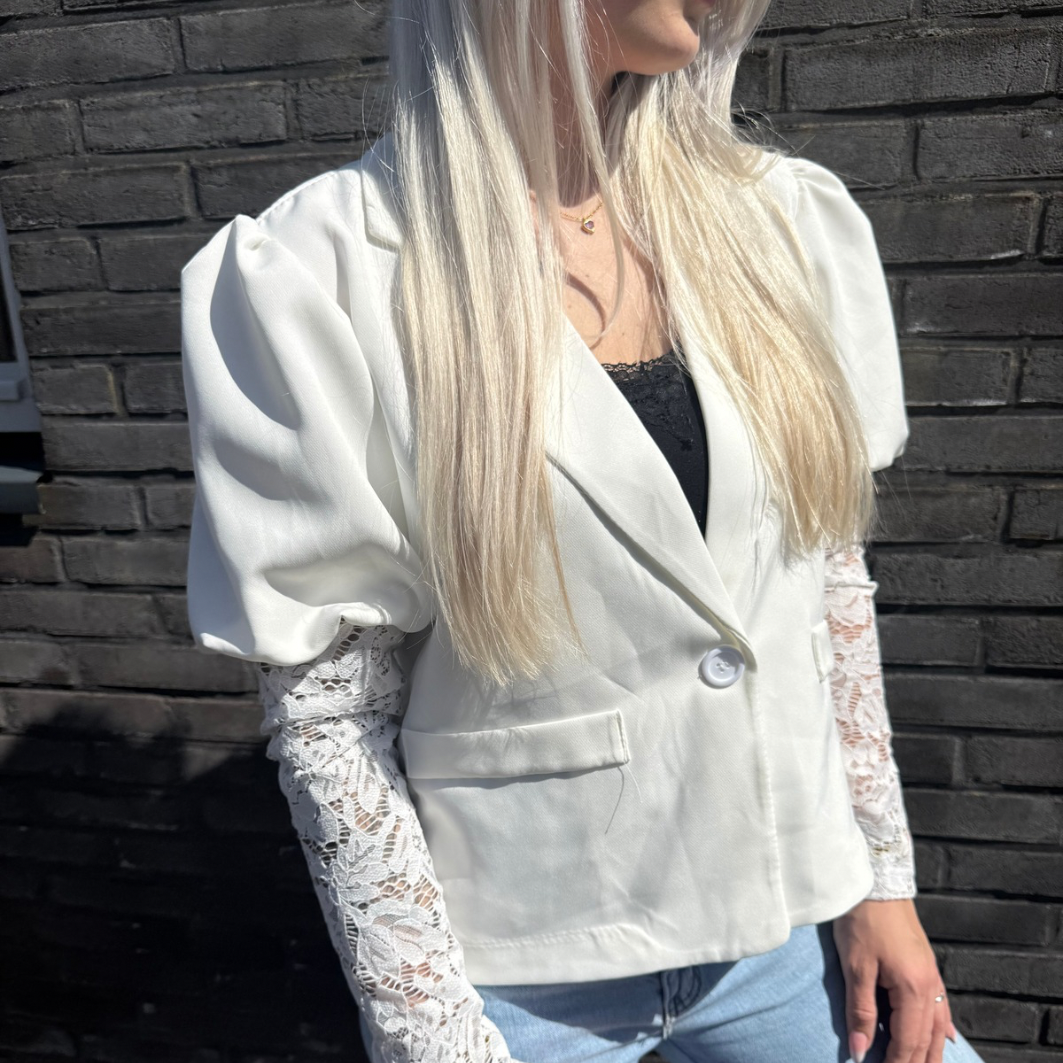 Blazer met kanten mouw white