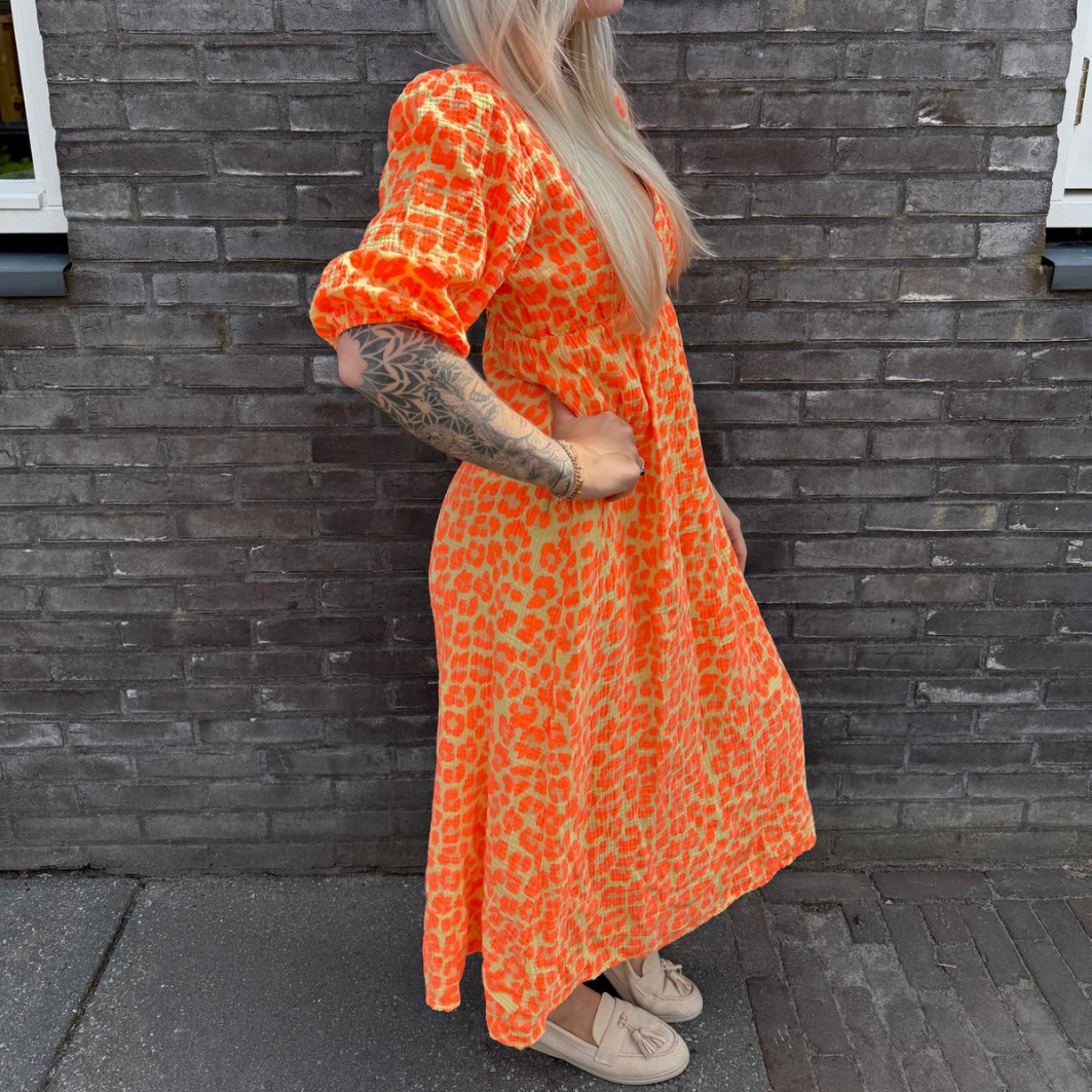 Maxi dress panterprint geel/oranje