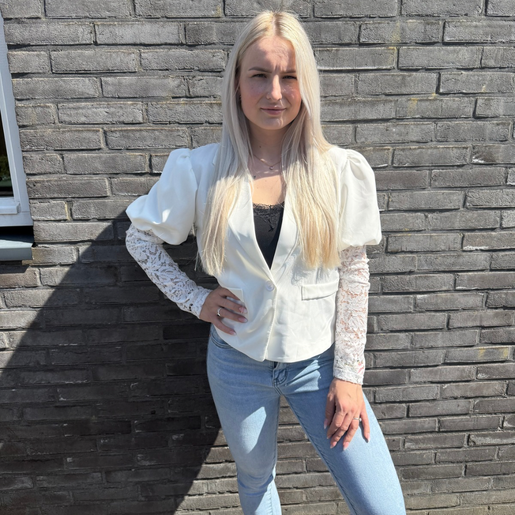 Blazer met kanten mouw white