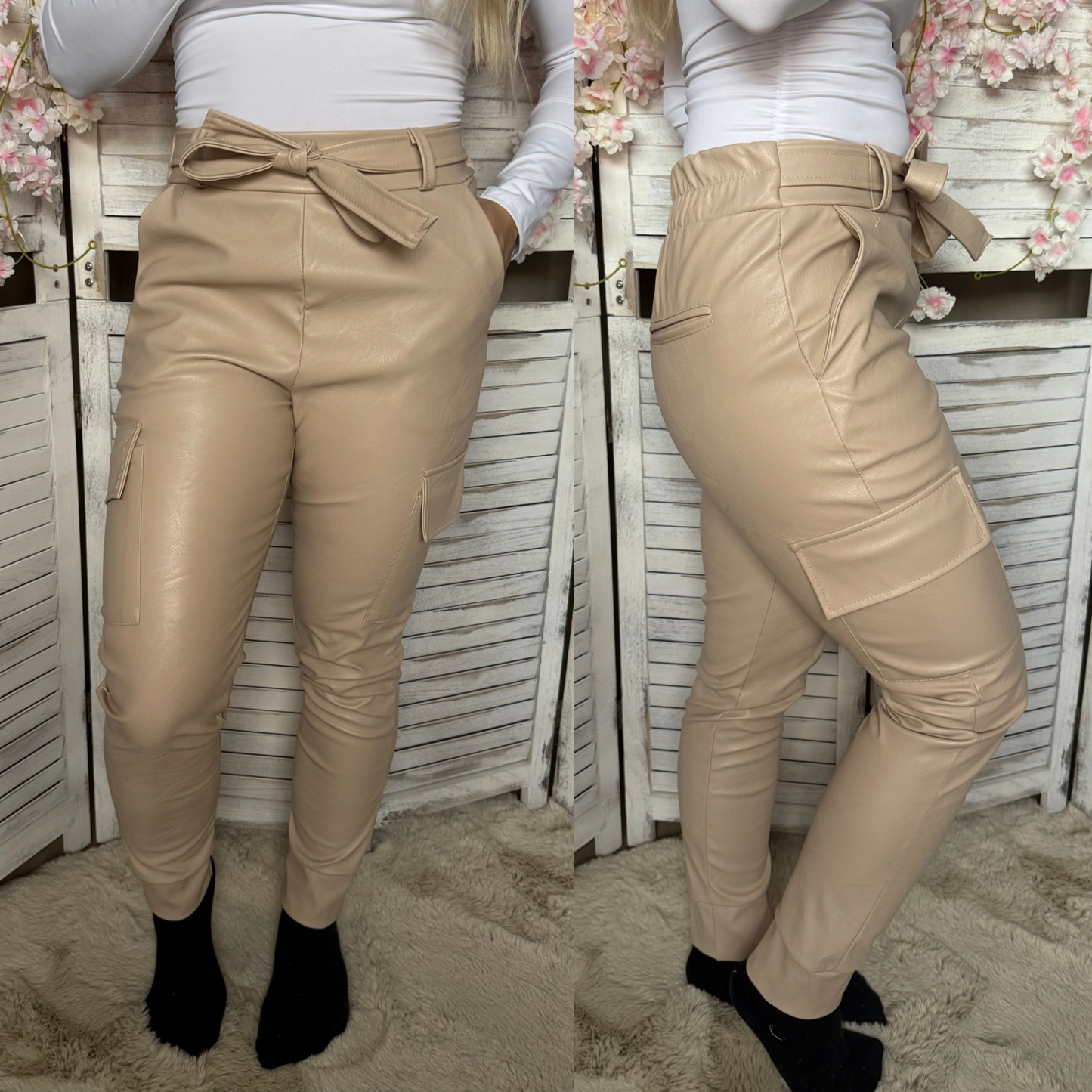 Faux leather broek beige