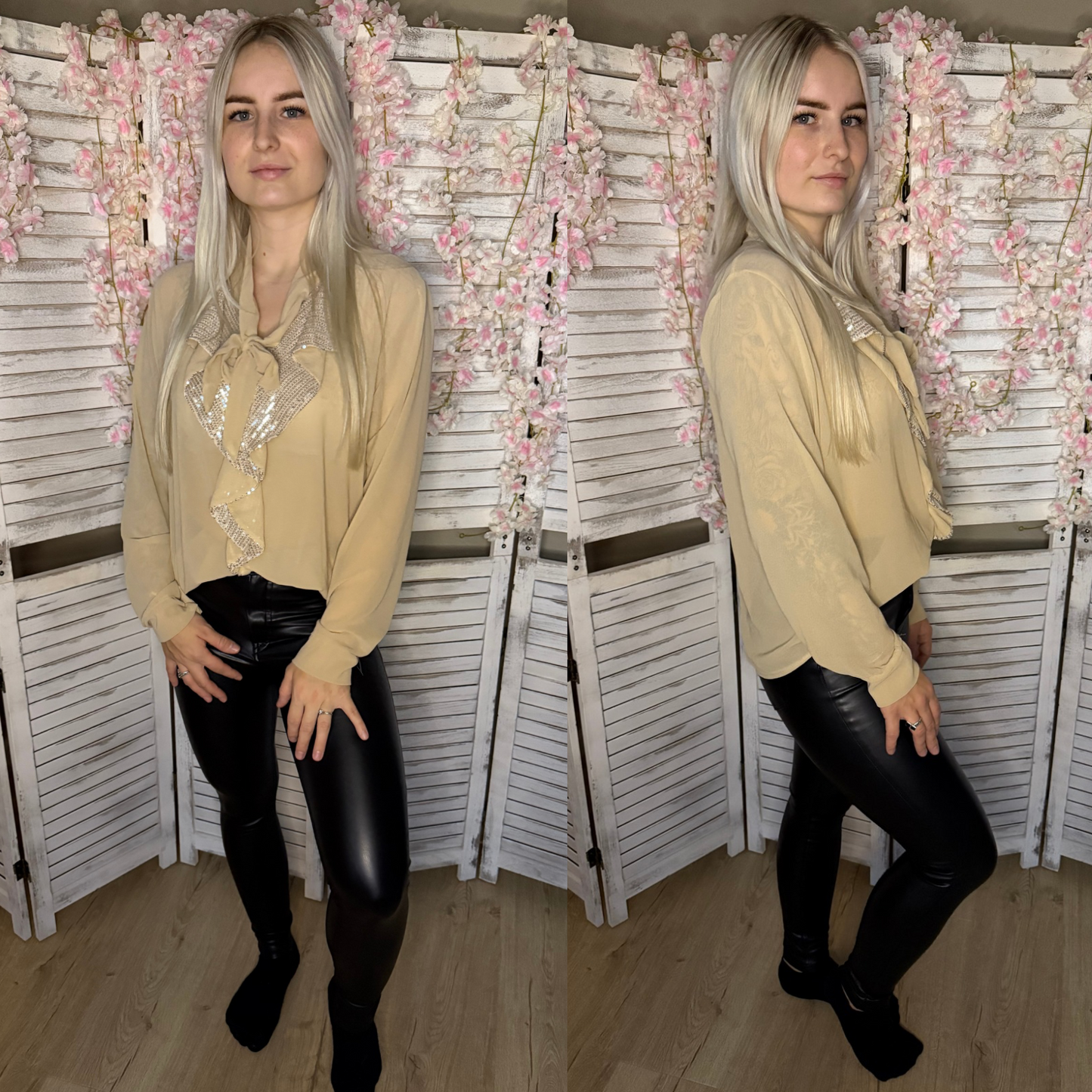 Pailletten blouse beige
